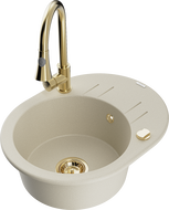 Mexen Kevin Granite Sink 1-Bowl with Drainer and Elia Kitchen Tap, Beige - 6517-69-670101-50