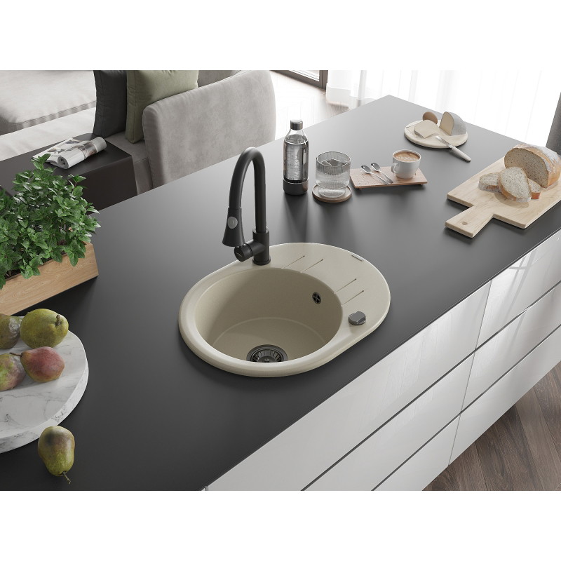 Mexen Kevin 1-Schüssel-Granitspüle mit Abtropffläche und Küchenarmatur Elia, beige - 6517-69-670101-70