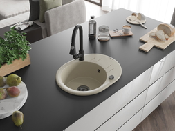 Mexen Kevin lavello in granito 1-vasca con scolapiatti e rubinetto da cucina Elia, beige - 6517-69-670101-70