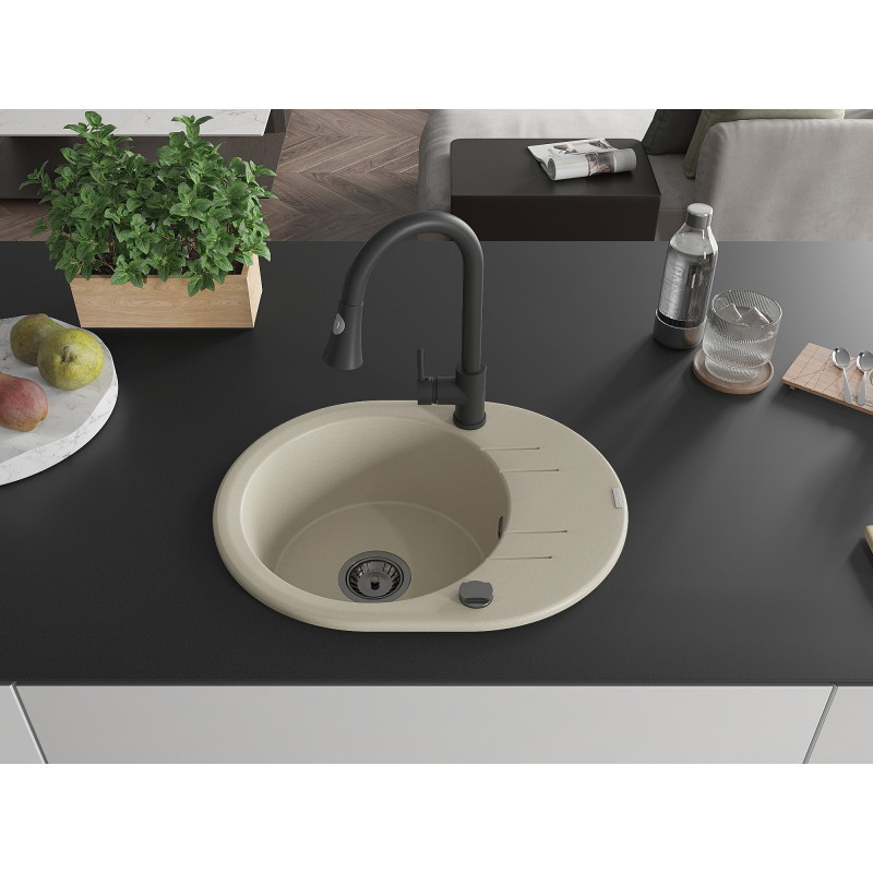 Mexen Kevin lavello in granito 1-vasca con sgocciolatoio e rubinetto da cucina Elia, beige - 6517-69-670101-70