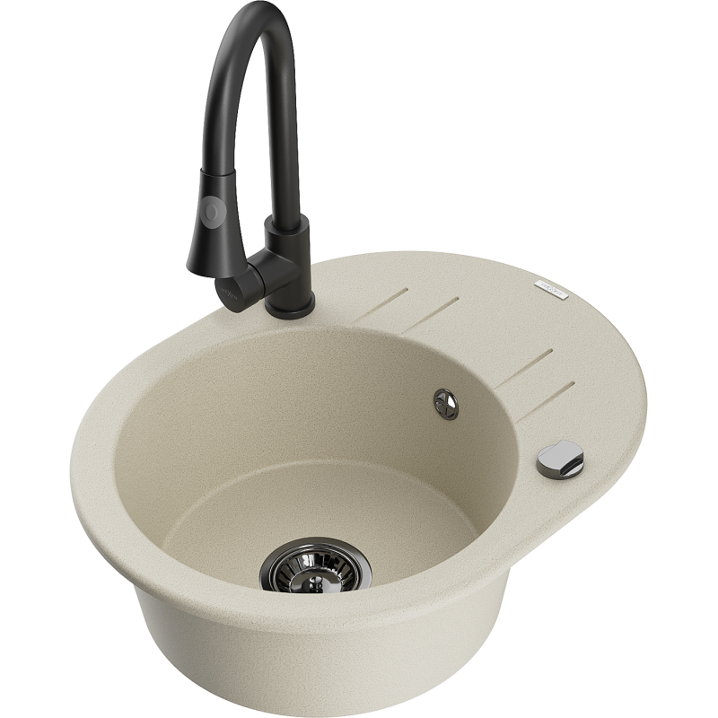 Mexen Kevin 1-bowl granite sink with drainer and Elia kitchen tap, beige - 6517-69-670101-70