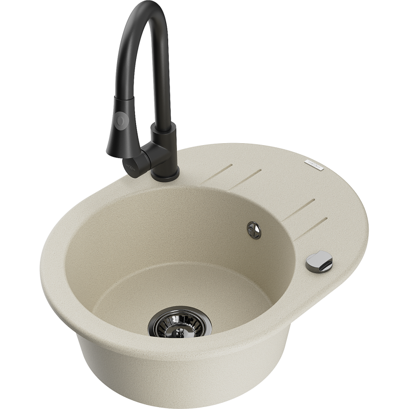 Mexen Kevin lavello in granito 1-vasca con scolapiatti e rubinetto da cucina Elia, beige - 6517-69-670101-70