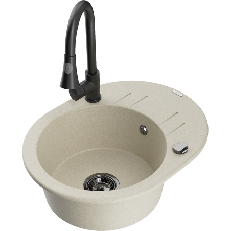 Mexen Kevin granieten spoelbak met 1 bak en afdruiprek en keukenmengkraan Elia, beige - 6517-69-670101-70