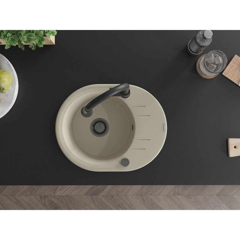 Mexen Kevin fregadero de granito de 1 tazón con escurridor y grifo de cocina Elia, beige - 6517-69-670101-70
