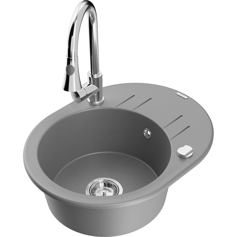 Mexen Kevin 1-bowl granite kitchen sink with drainer and Elia kitchen tap, grey - 6517-71-670101-00