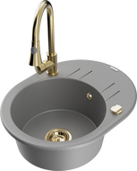 Mexen Kevin granite kitchen sink, 1-bowl with drainer and Elia kitchen faucet, gray - 6517-71-670101-50