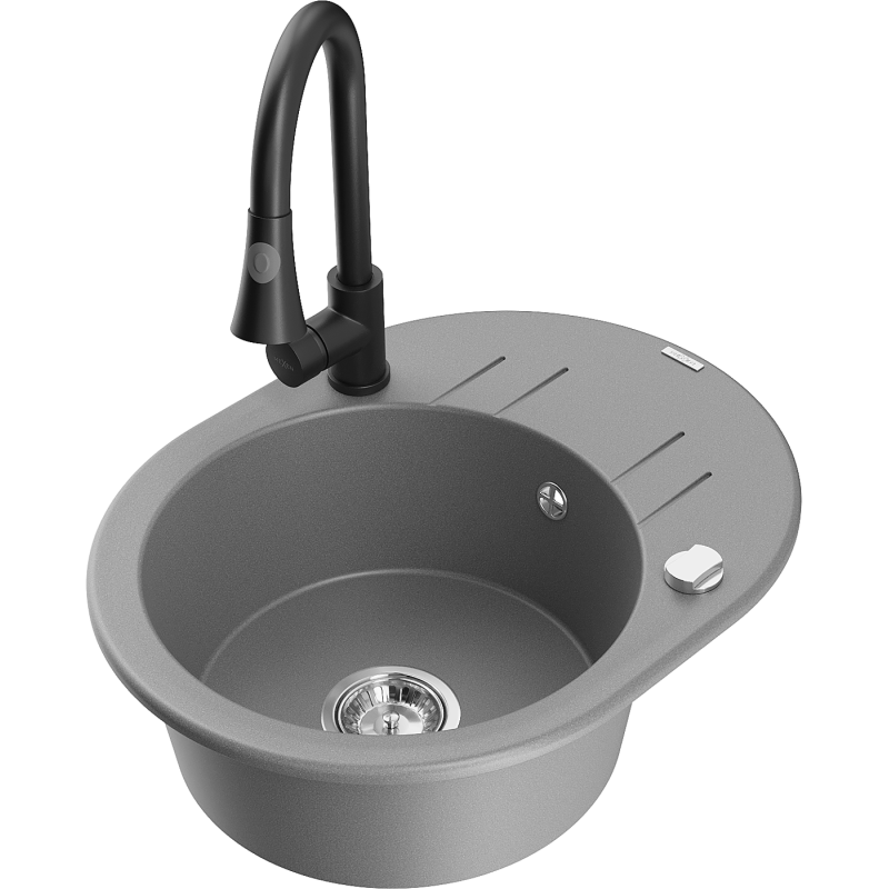 Mexen Kevin fregadero de granito de 1 cubeta con escurridor y grifo de cocina Elia, gris - 6517-71-670101-70