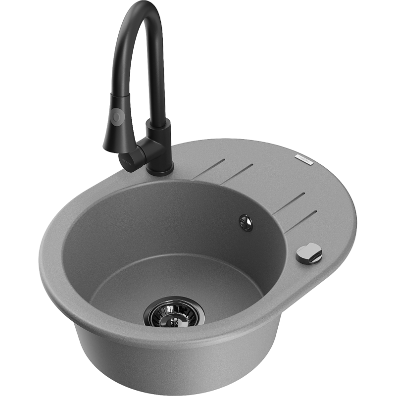 Mexen Kevin 1-bowl granite sink with drainer and Elia kitchen tap, grey - 6517-71-670101-70-B