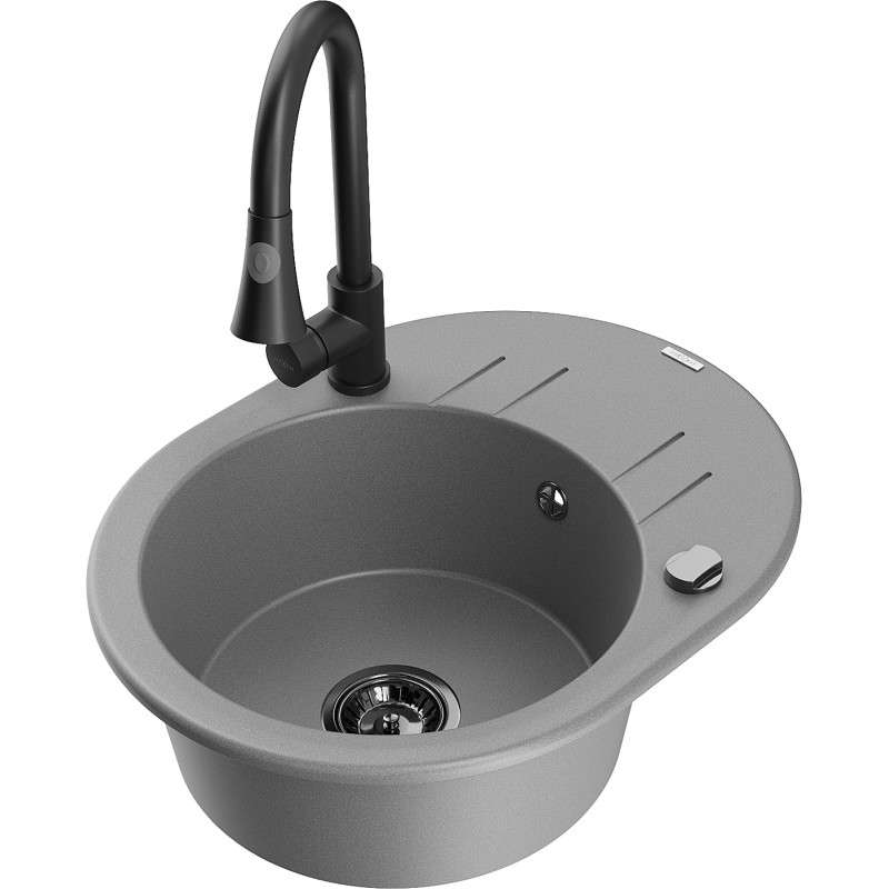 Mexen Kevin fregadero de granito de 1 seno con escurridor y grifo de cocina Elia, gris - 6517-71-670101-70-B