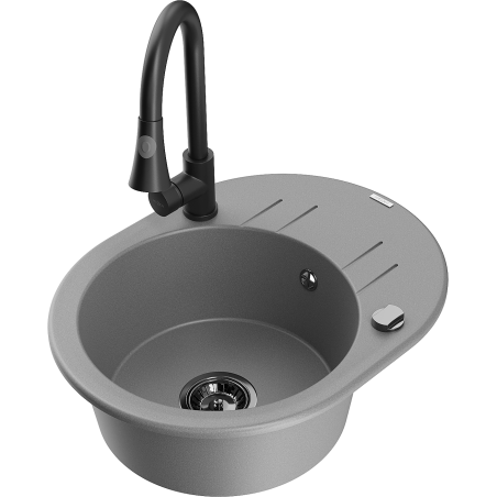 Mexen Kevin évier en granit 1 cuve avec égouttoir et robinet de cuisine Elia, gris - 6517-71-670101-70-B