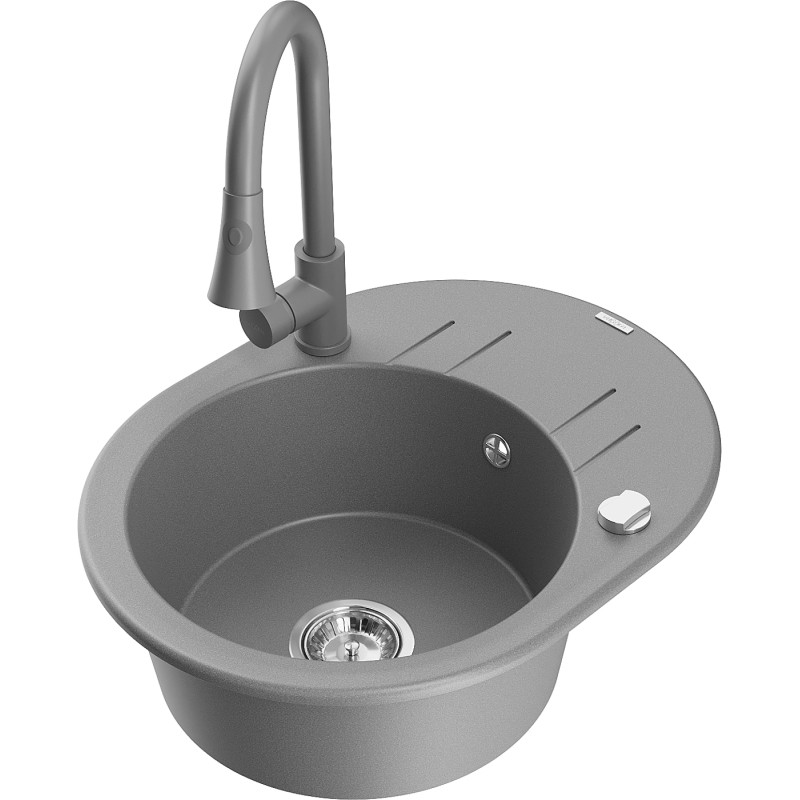 Mexen Kevin granitische spoelbak met 1 kom en afdruiprek en keukenmengkraan Elia, grijs - 6517-71-670101-71