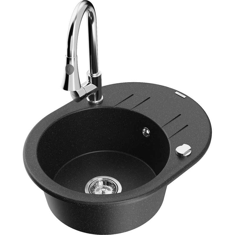 Mexen Kevin fregadero de granito 1-cuba con escurridor y grifo de cocina Elia, negro/plateado metálico - 6517-73-670101-00