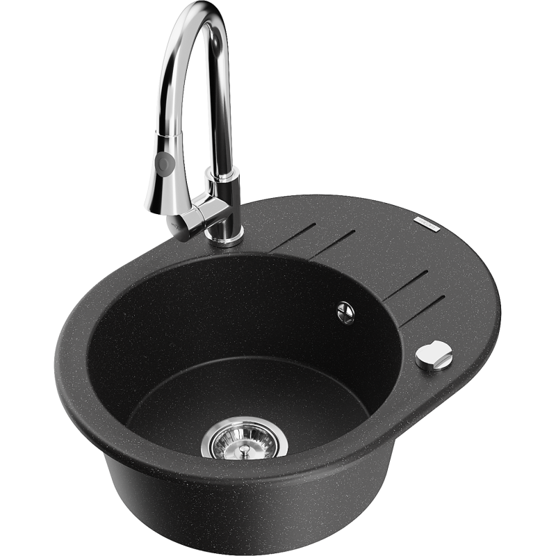 Mexen Kevin lava-loiça de granito de 1 cuba com escorredor e torneira de cozinha Elia, preto/prateado metálico