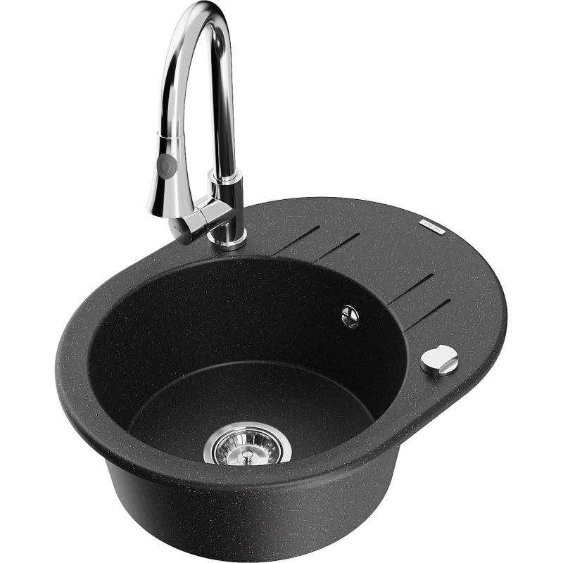 Mexen Kevin lavello in granito a 1 vasca con sgocciolatoio e rubinetto da cucina Elia, nero/argento metallizzato