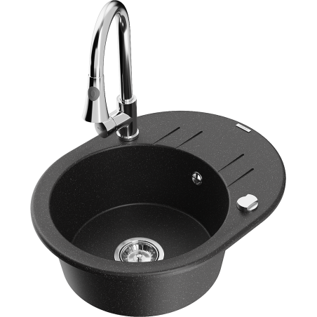 Mexen Kevin 1-komorige granieten gootsteen met afdruiprek en keukenmengkraan Elia, zwart/zilver metallic - 6517-73-670101-00