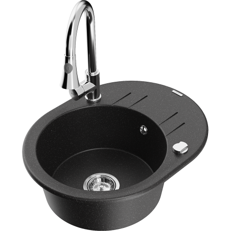 Mexen Kevin lavello in granito a 1 vasca con sgocciolatoio e rubinetto da cucina Elia, nero/argento metallizzato