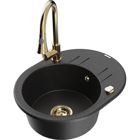 Mexen Kevin 1-bowl granite sink with drainer and Elia kitchen tap, black/silver metallic - 6517-73-670101-50