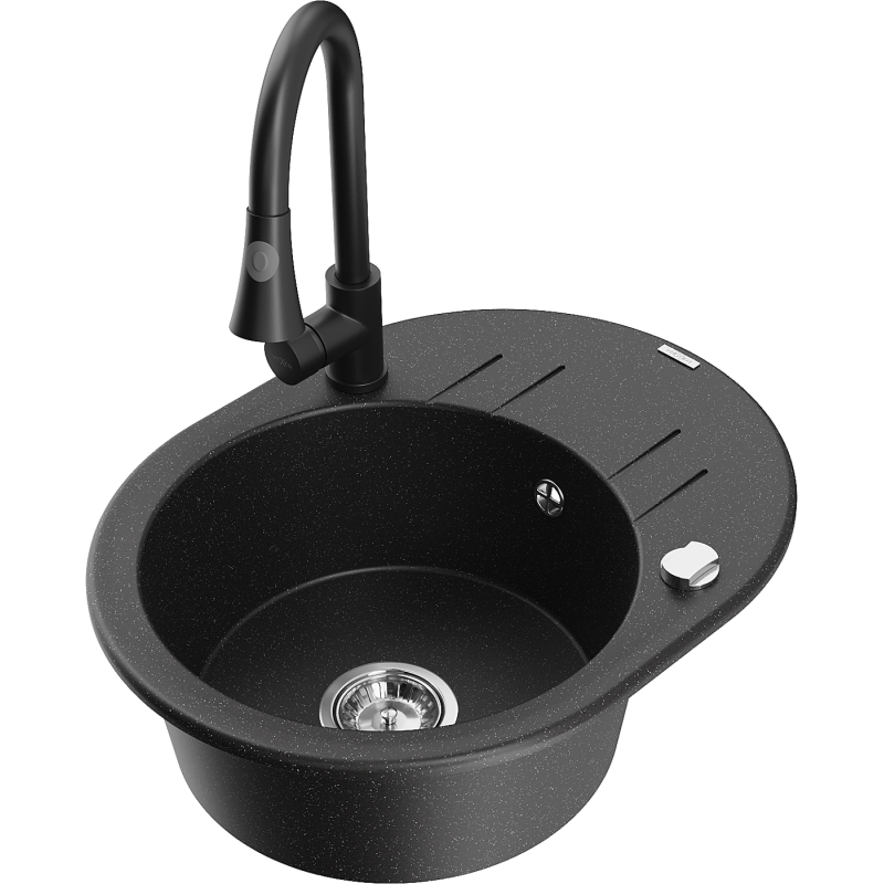 Mexen Kevin fregadero de granito 1 seno con escurridor y grifo de cocina Elia, negro/plateado metálico - 6517-73-670101-70