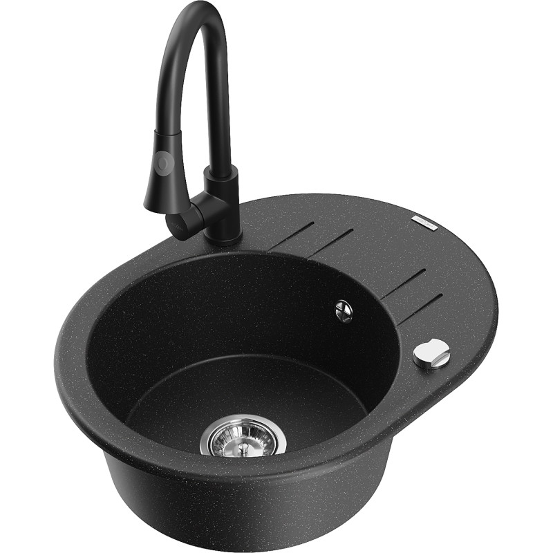 Mexen Kevin fregadero de granito de 1 cubeta con escurridor y grifo de cocina Elia, negro/plata metálica - 6517-73-670101-70