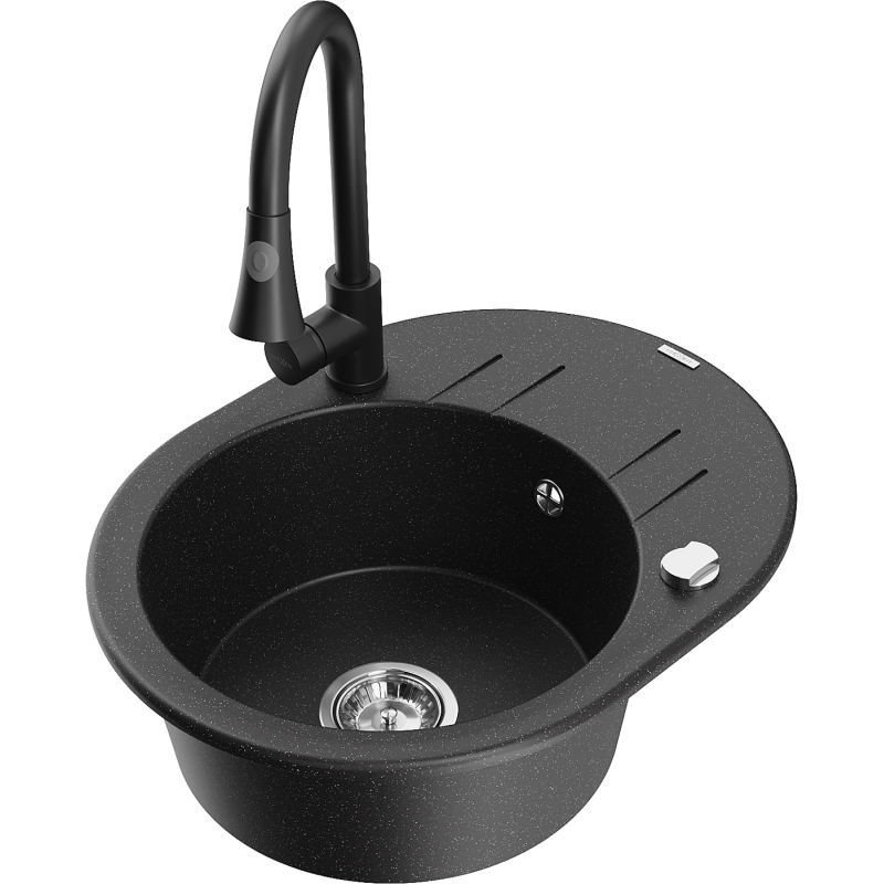 Mexen Kevin granite sink 1-bowl with drainer and Elia kitchen tap, black/silver metallic - 6517-73-670101-70