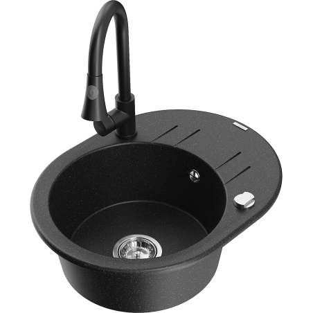 Mexen Kevin granit gootsteen 1-komor met afdruiprek en keukenmengkraan Elia, zwart/zilver metallic - 6517-73-670101-70