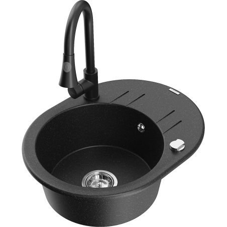 Mexen Kevin lavello in granito a 1 vasca con sgocciolatoio e rubinetto da cucina Elia, nero/argento metallizzato