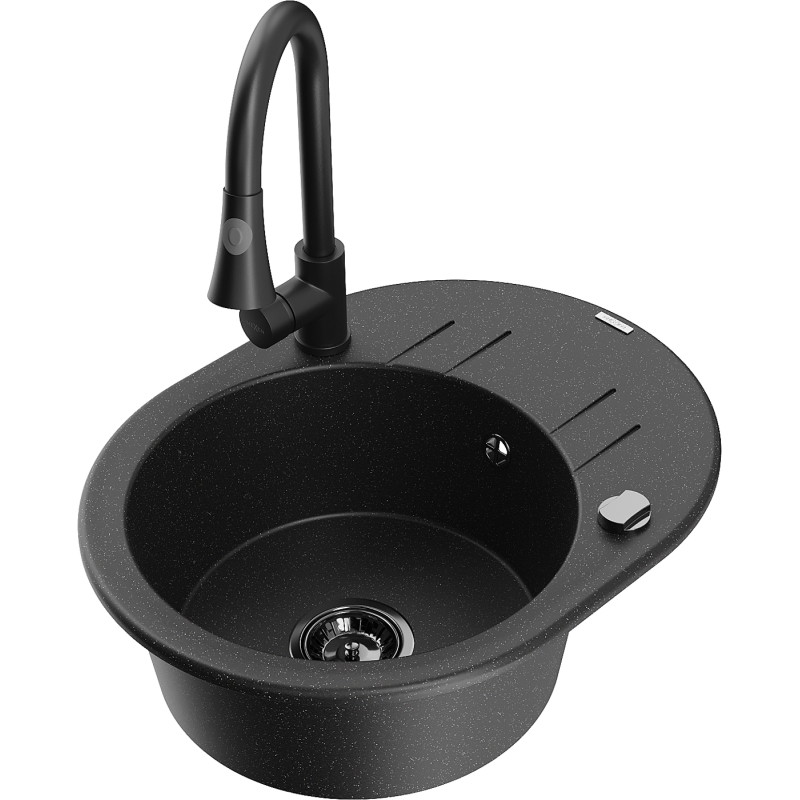Mexen Kevin fregadero de granito de 1 seno con escurridor y grifo de cocina Elia, negro/metalizado plateado
