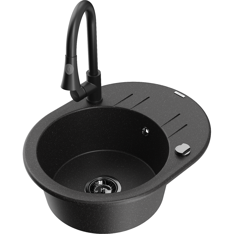 Mexen Kevin granitais izlietne ar vienu nodalījumu, ar nosūcēju un virtuves jaucējkrānu Elia, melna/sudraba metāliks