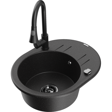 Mexen Kevin fregadero de granito 1-balde con escurridor y grifo de cocina Elia, negro/metálico plateado - 6517-73-670101-70-B