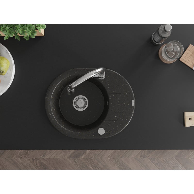 Mexen Kevin granieten spoelbak met 1 bak, afdruiprek en keukenkraan Elia, zwart/goud metallic - 6517-75-670101-00