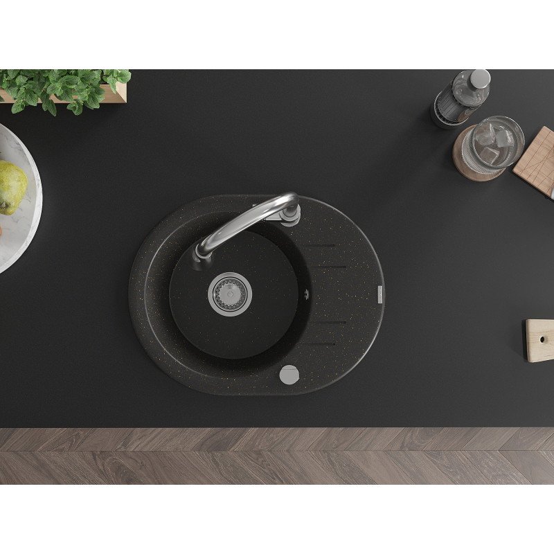 Mexen Kevin granit gootsteen 1-komorige met afdruiprek en keukenmengkraan Elia, zwart/goud metallic - 6517-75-670101-00