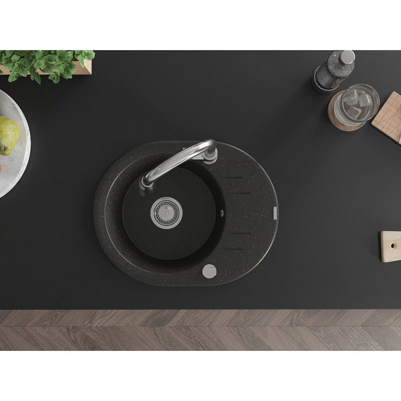 Mexen Kevin granīta izlietne ar vienu nodalījumu, notekstieku un Elia virtuves jaucējkrānu, melna/zeltīta metālika