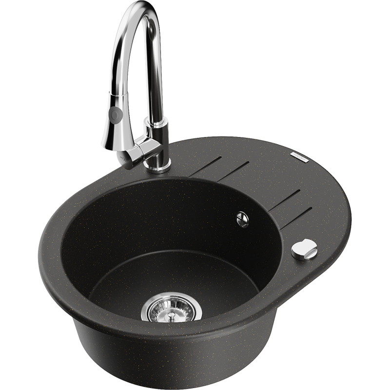 Mexen Kevin fregadero de granito de 1 cubeta con escurridor y grifo de cocina Elia, negro/dorado metalizado - 6517-75-670101-00