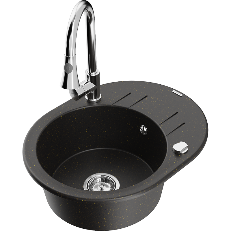 Mexen Kevin fregadero de granito de 1 cubeta con escurridor y grifo de cocina Elia, negro/oro metálico - 6517-75-670101-00