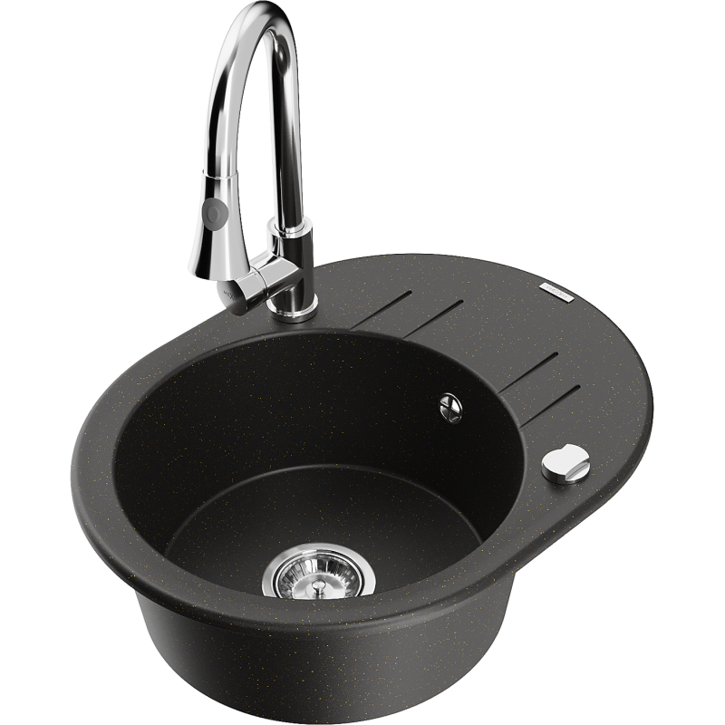 Mexen Kevin granite kitchen sink 1-bowl with drainer and Elia kitchen tap, black/gold metallic - 6517-75-670101-00