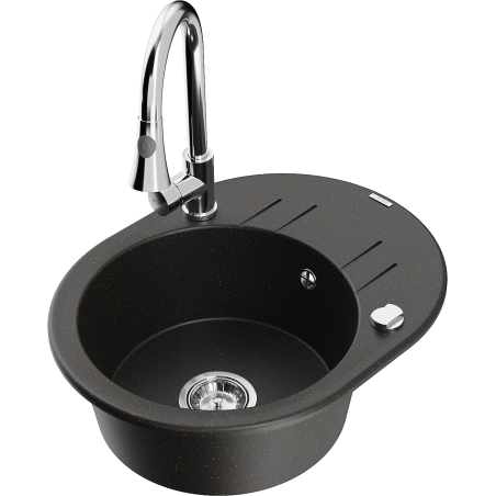 Mexen Kevin granieten spoelbak met 1 bak, afdruiprek en keukenkraan Elia, zwart/goud metallic - 6517-75-670101-00