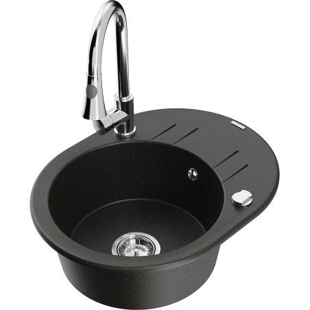 Mexen Kevin granīta izlietne ar vienu nodalījumu, notekstieku un Elia virtuves jaucējkrānu, melna/zeltīta metālika