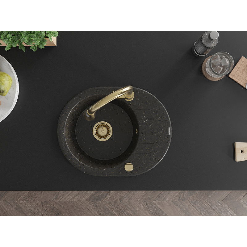 Mexen Kevin Granitspüle 1-Becken mit Abtropffläche und Küchenarmatur Elia, schwarz/gold metallic - 6517-75-670101-50