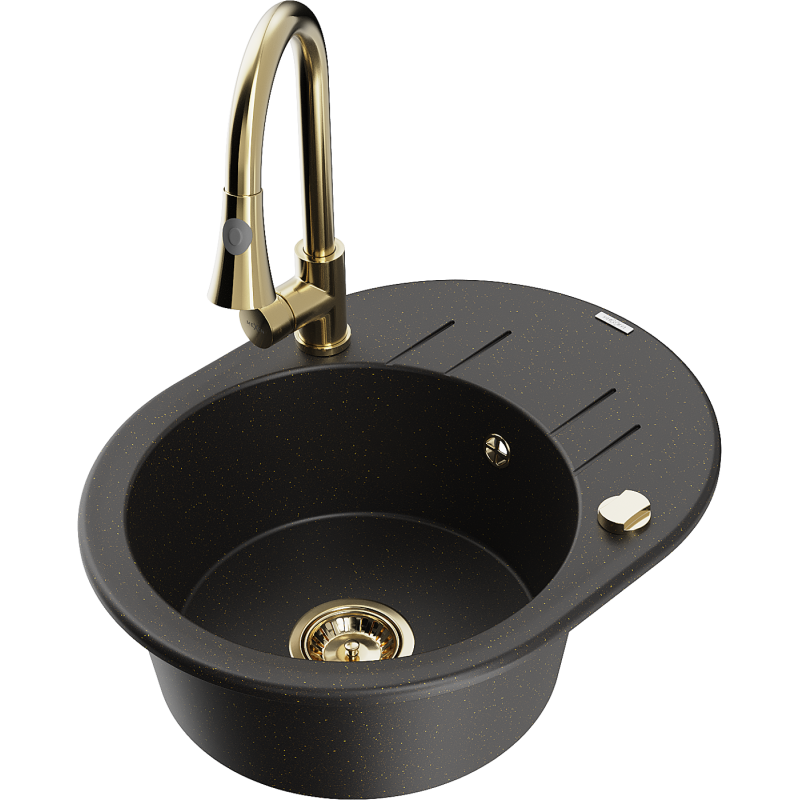 Mexen Kevin graniittinen 1-allas tiskiallas valuttimella ja Elia-keittiöhanalla, musta/kultainen metalliik - 6517-75-670101-50