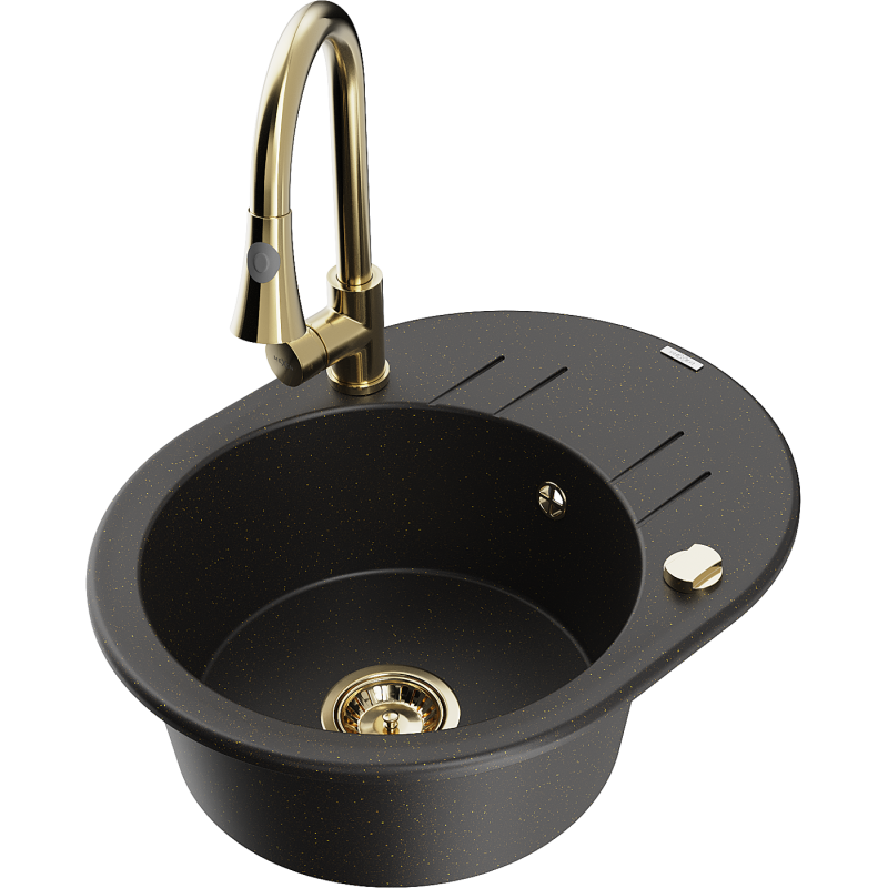 Mexen Kevin lavello da cucina in granito a 1 vasca con scolapiatti e rubinetto Elia, nero/oro metallizzato - 6517-75-670101-50