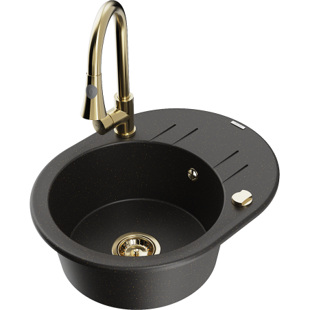 Mexen Kevin 1-Komponenten Granitwueschbecken mat Ofdrocker an Kichkran Elia, schwaarz/goldmetallesch - 6517-75-670101-50