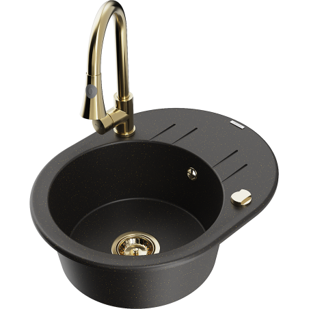 Mexen Kevin évier en granit 1 bac avec égouttoir et robinet de cuisine Elia, noir/doré métallisé - 6517-75-670101-50