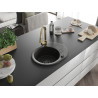 Mexen Kevin fregadero de granito con 1 compartimiento y escurridor, y grifo de cocina Elia, negro/dorado metalizado