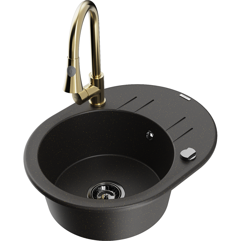 Mexen Kevin fregadero de granito 1-cubeta con escurridor y grifo de cocina Elia, negro/dorado metálico - 6517-75-670101-50-B