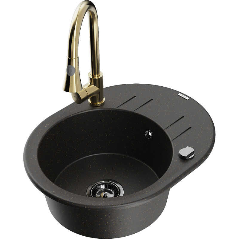 Mexen Kevin graniittinen 1-altaan keittiöpesuallas valutustelineellä ja keittiöhanalla Elia, musta/kulta metallihohto