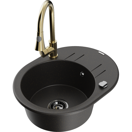 Mexen Kevin granitais izlietne ar vienu nodalījumu un noteku, ar virtuves jaucējkrānu Elia, melns/zeltaini metālisks