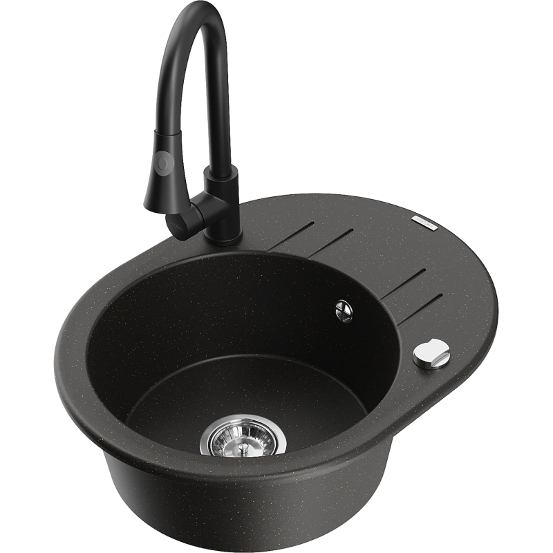 Mexen Kevin 1-bowl Granite Sink with Drainer and Elia Kitchen Tap, Black/Gold Metallic - 6517-75-670101-70