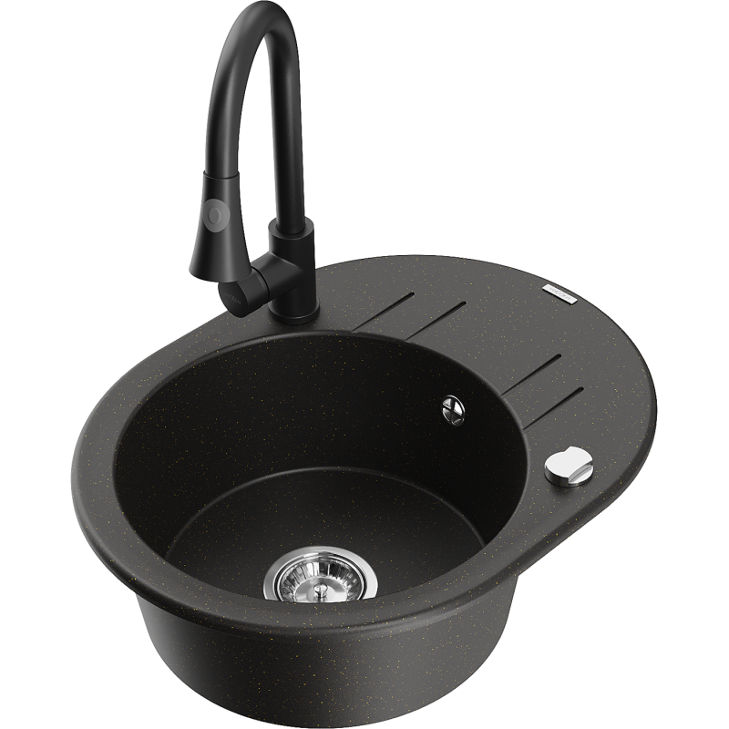 Mexen Kevin granitā izlietne ar vienu nodalījumu, notekpaplāti un virtuves jaucējkrānu Elia, melna/zeltaina metālikā