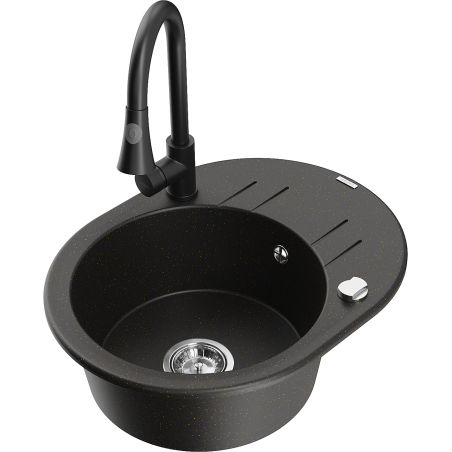 Mexen Kevin fregadero de granito de 1 cubeta con escurridor y grifo de cocina Elia, metálico negro/dorado - 6517-75-670101-70