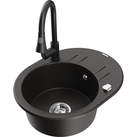 Mexen Kevin granitā izlietne ar vienu nodalījumu, notekpaplāti un virtuves jaucējkrānu Elia, melna/zeltaina metālikā